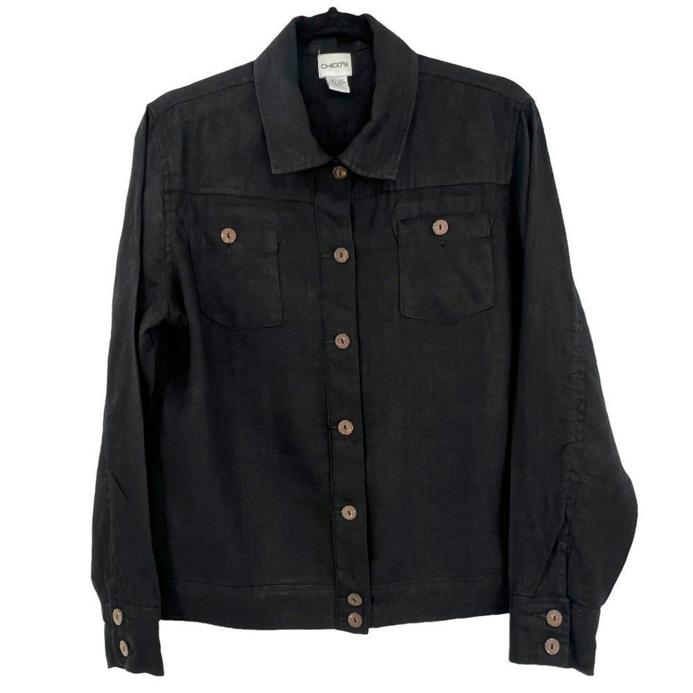 Chico's Size 2 Black Linen Button Down Shirt Jacket Shacket Large
